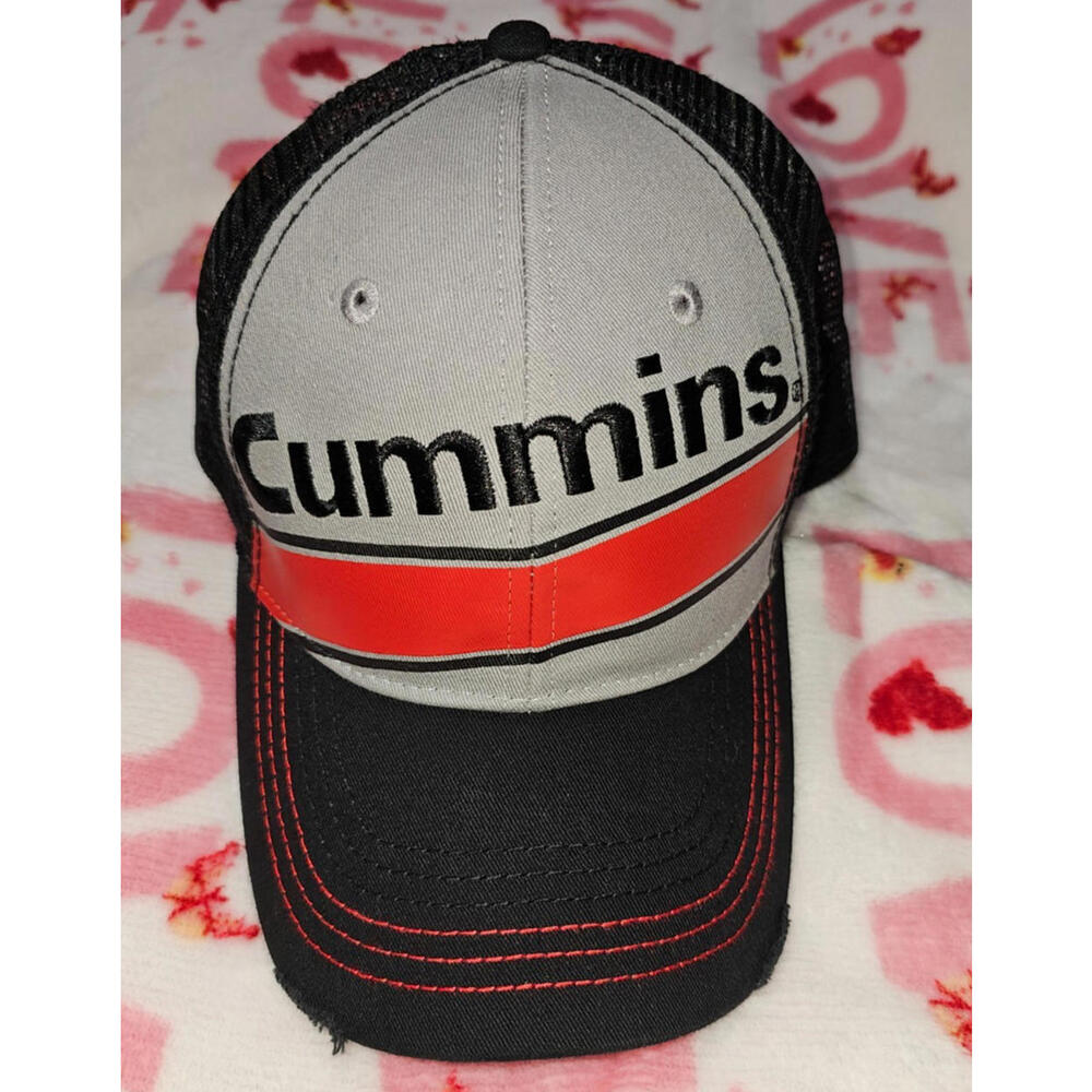 Cummins Trucker Strapback Hat Cap Black Mesh Diesel Engine Frayed Retro Style